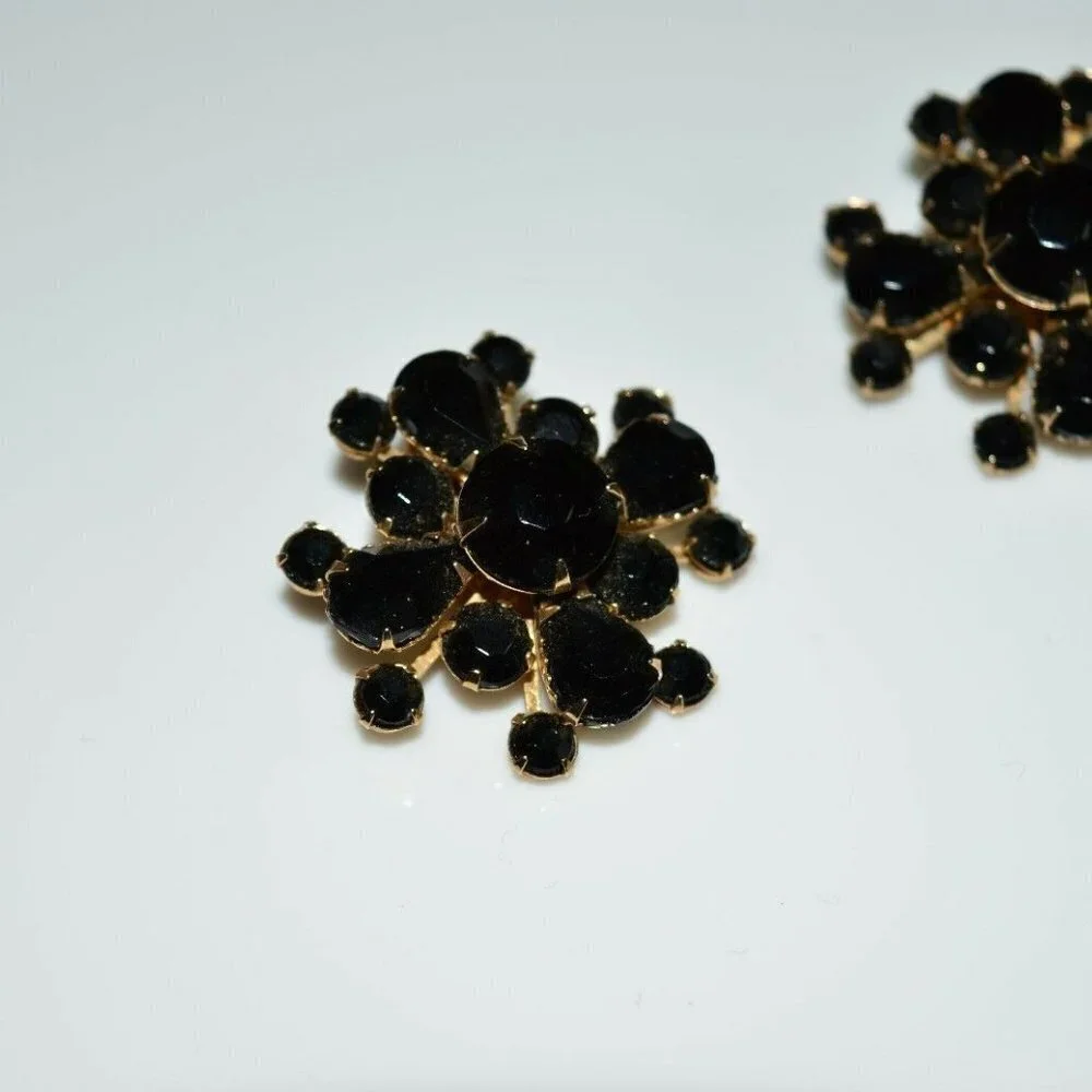 Gold Tone Large Black Glass Rhinestone Flower Set